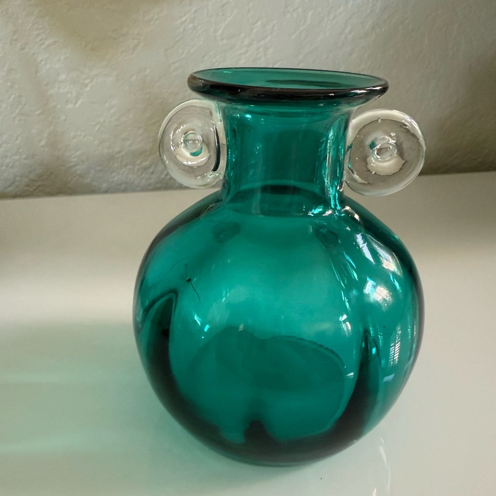 Vintage Hand Blown Teal Green Art Glass Vase with Applied Clear Glass Handles